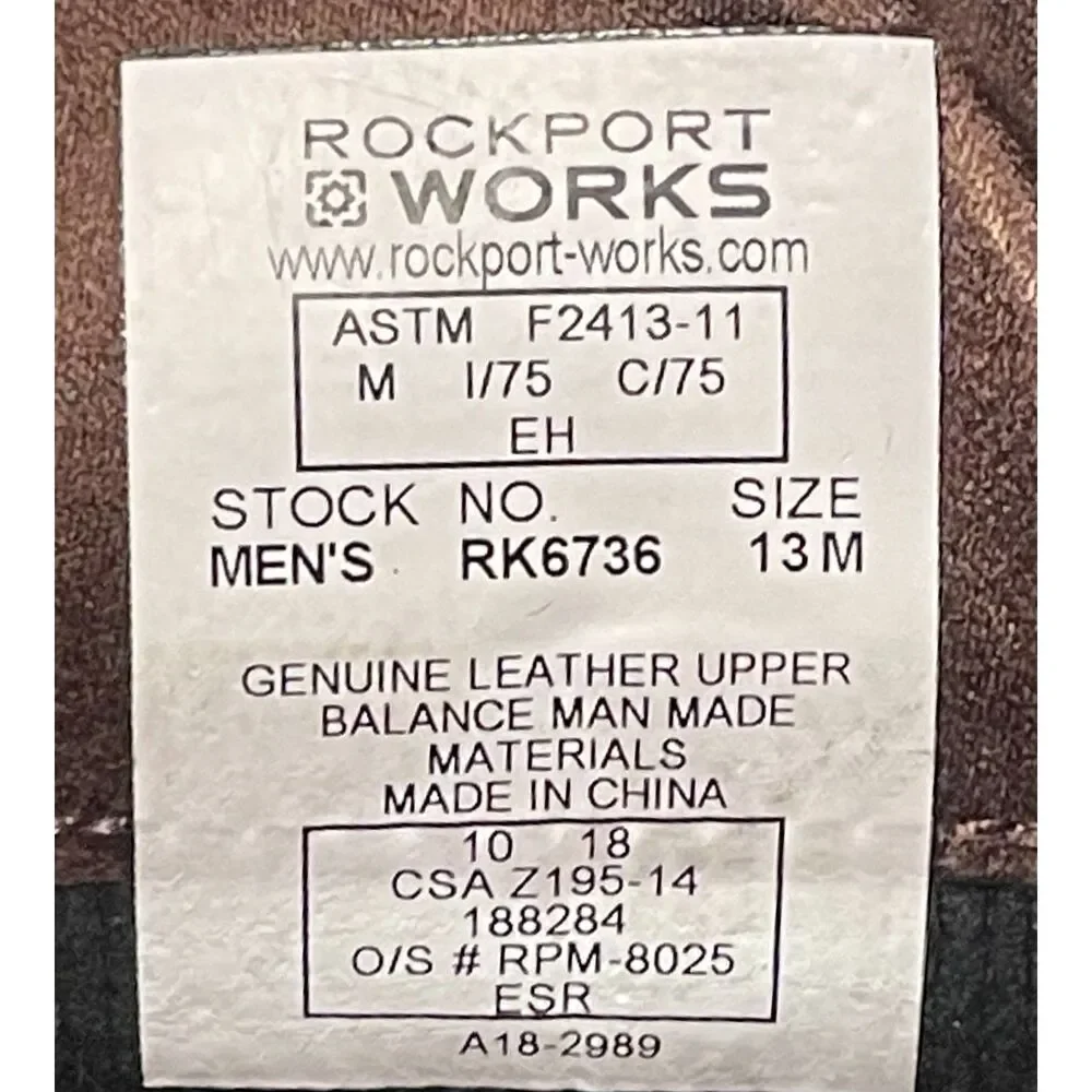 Rockport Works RK6736 Men's 13M Brown Leather EH Safety Toe Work Shoes ASTMF2413
